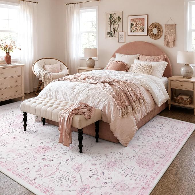 Lahome Flavie Washable Rugs 8x10, Soft Nursery Area Rug for Girls and Kids, Low Pile Boho Purple Carpet for Snug Bedroom Classroom, Spill-Proof Non Slip Floral Fresh Carpets for Living Room
