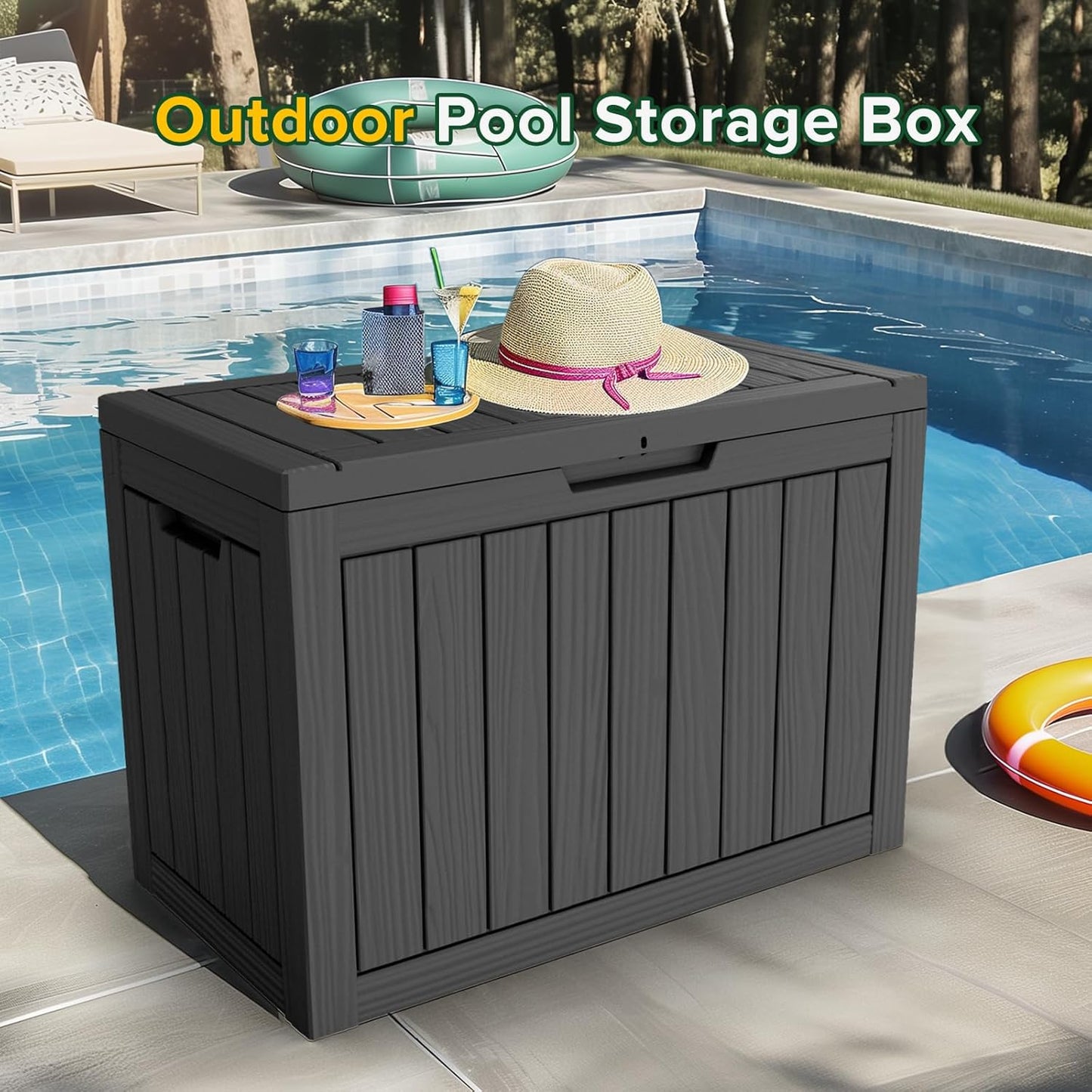 45 Gallon Outdoor Deck Box,Storage Lockable Waterproof Patio Furniture,Garden Tools,Cushions,Pool Accessories Outside Storage Resin Box(Black)