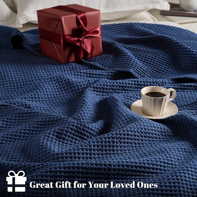 PHF Pre-Washed 100% Cotton Waffle Weave Blanket Twin Size for Bed,Snag Proof Throw Blanket for Couch Spring Summer Lightweight Breathable,Machine Washable, Home Decor Gift - Navy Blue/Bright Blue