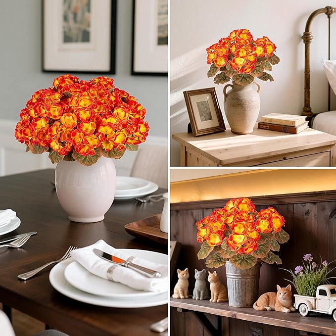 Ammyoo Fake Fall Flowers Artificial for Outdoors Decoration, 6 Bundles Faux Geranium Silk Flower Outside UV Resistant No Fade Artificial Floral for Home Garden Balcony Indoor Table Centerpieces Decor
