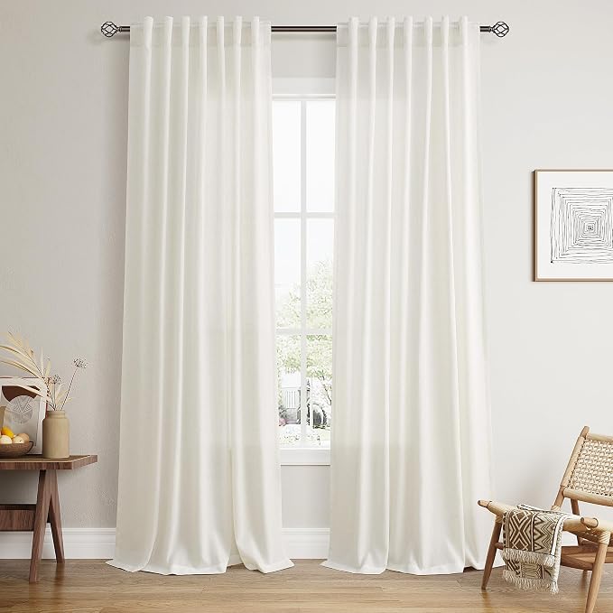Nanspring Cream Linen Curtains 50 x 94 inches Long Living Room Back Tab Rod Pocket Semi Sheer Curtain Boho Privacy Light Filtering Thick Linen Drapes for Bedroom, Natural, Set of 2 Panels, 50X94