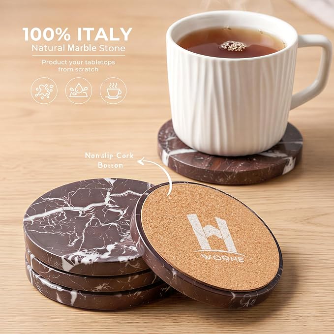 Natural Marble Coasters Set of 4-4" Round Stone Drink Coasters, Non-Slip Cork Backing, Housewarming Gift, Wedding, Protect Tables from Stains & Scratches Rosso Lepanto (WH114)