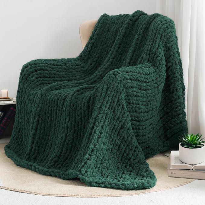 Chunky Knit Throw Blanket 60x80, 100% Handmade Chenille Yarn | 6.7lbs Soft Thick Cable Knitted Blankets, Large Rope Knot Crochet Throws for Couch Sofa Bed Christmas Fall Decor, Dark Green