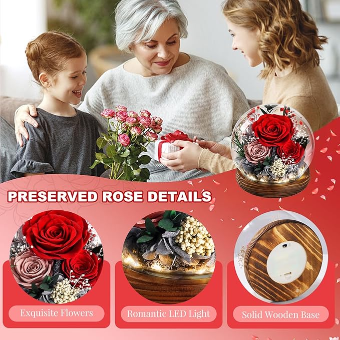 Gifts for Mom Grandmas Birthday Gifts for Women Flowers for Delivery Prime Preserved Fresh Flowers in Glass Dome Forever Real Eternal Roses Mother Days Anniversary for Sister Daughter Wife Girlfriend