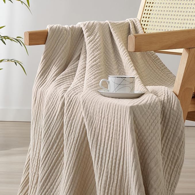 David's Home Soft Muslin Blanket Throw Size for Adults, 60% Rayon 40% Cotton, Breathable Lightweight Cooling Blanket for Hot Sleepers, 4-Layer Cozy Gauze for Bed, 50"x60", Light Tan/Oat Milk