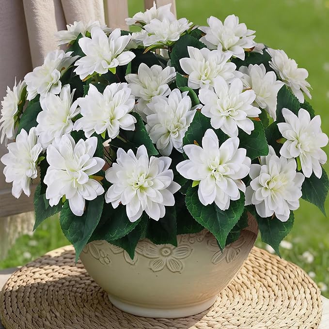 VIERENA 8 Bundles Artificial Dahlia Flowers for Outdoors Spring Summer Decor, No Fade Silk Flower Faux Dahlias Plant Arrangement for Home Garden Balcony Farmhouse（White）