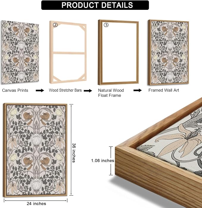 Large Retro Framed Wall Art - Natural Float Framed Vintage Flowers Canvas William Morris Painting Pictures Rustic Floral Pattern Prints Artwork for Living Room Bedroom Office Decor 72" X 36" Set of 3