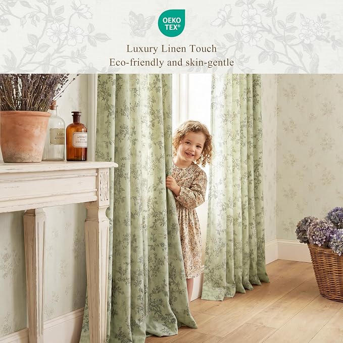 StangH Floral Linen Curtains 96 Inches Long, Elegant French Country Botanical Butterfly Light Filtering Privacy Drapes for Living Room/Bathroom, Sage Green, W52 x L96, 2 Panels
