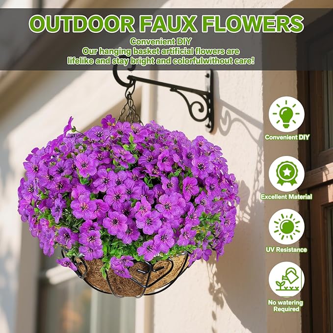 Artificial Flowers Fake Plants for Outdoors Spring Decoration, 13Bundles Silk Realistic UV Resistant Faux Flowers for Outside Planter Porch Yard Patio Garden Home Indoor, Purple