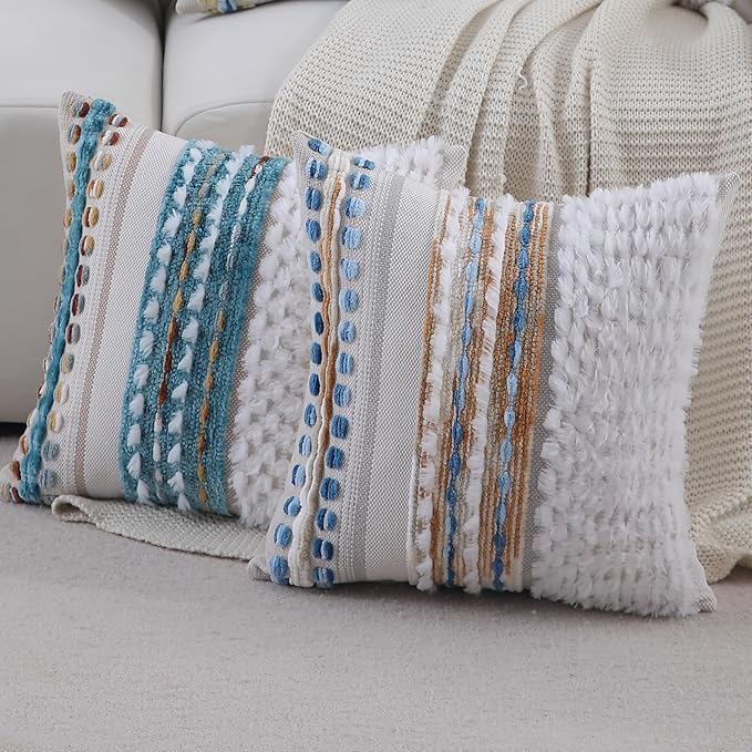 Boho Throw pillow covers 18x18 set of 2 farmhouse decorative Couch pillow covers neutral Accent throw pillows covers striped outdoor cushion covers square textured chenille pillow cases for sofa bed