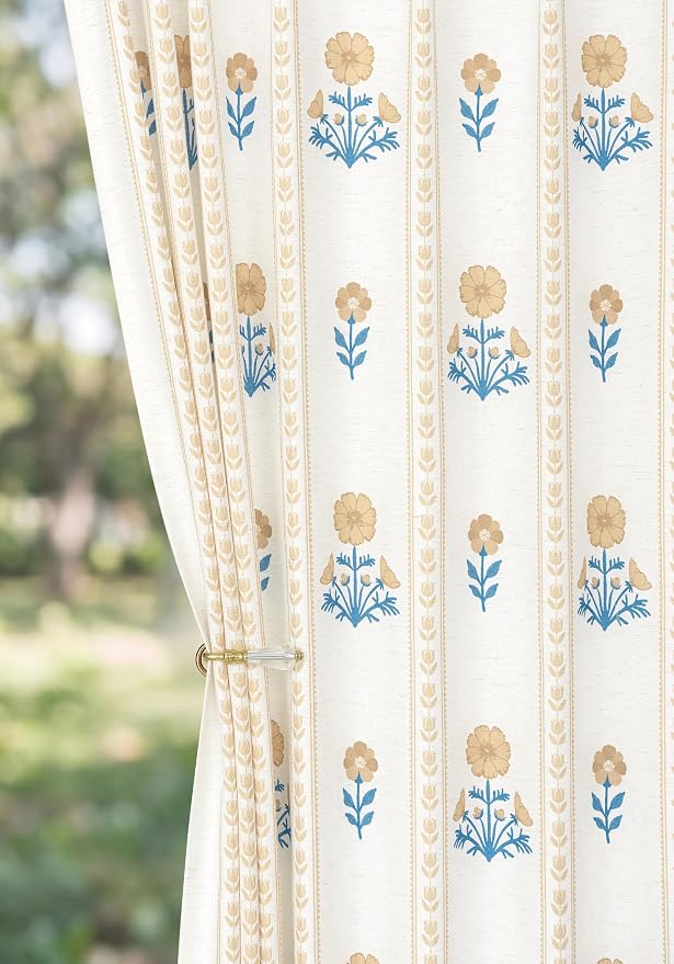THREE GIRLS Pinch Pleated Light Filtering Linen Blend Floral Block Print Curtains for Living Room, Bedroom, Farmhouse, Memory Trained, Hooks, 2 Panels Set, 40"x90", Yellow