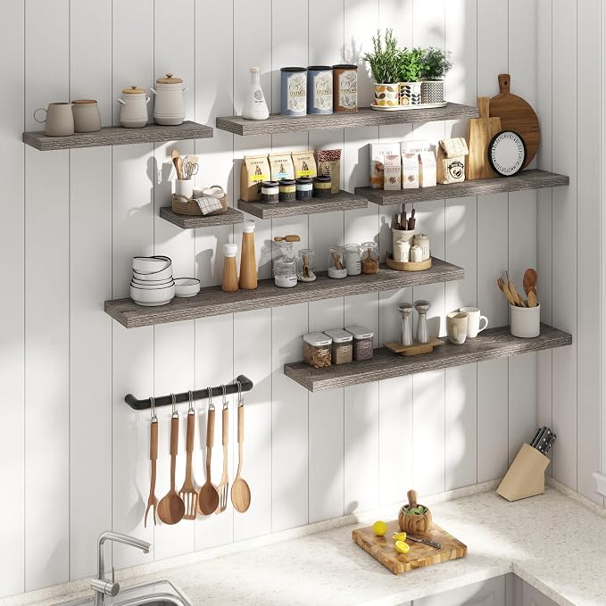 30 Inch Floating Shelves for Wall Set of 2, 8"D Wood Grain Bathroom Shelves with Invisible Brackets, Easy Install Engineered Wood Storage Shelves for Kitchen, Living Room, Bedroom, Grey Oak Finish