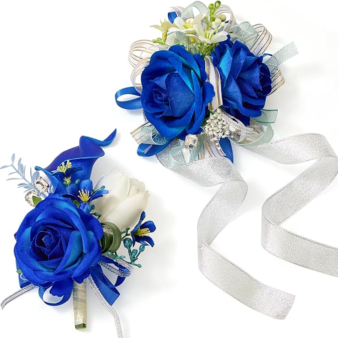 Serwalin Blue Prom Corsage and Boutonniere Set, Artificial Calla Lily & Rose Wrist Corsage Wristlet for Homecoming, Formal Dance, Wedding Flowers Accessories Party Suit Decorations