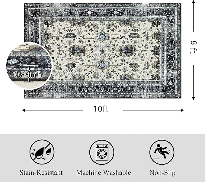 Ruaruarug Washable Area Rug 8x10 for Living Room, Bedroom, Ultra Soft Non Slip Stain & Fade Resistant, Pet & Kids Friendly, Suitable for High Traffic Areas Easy to Clean for Office Kitchen, White Gray
