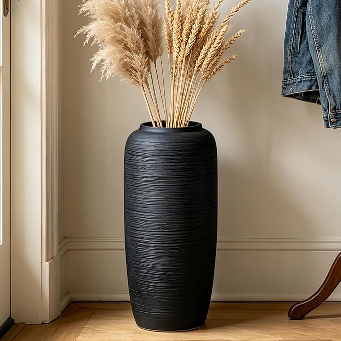 Black Rustic Ceramic Farmhouse Tall Floor Vase,15.7 Inch Vintage Large Vases Pottery Clay Terracotta Rustic Vase for Home Decor Living Room Entryway Table Centerpieces,Kitchen,Housewarming Gifts