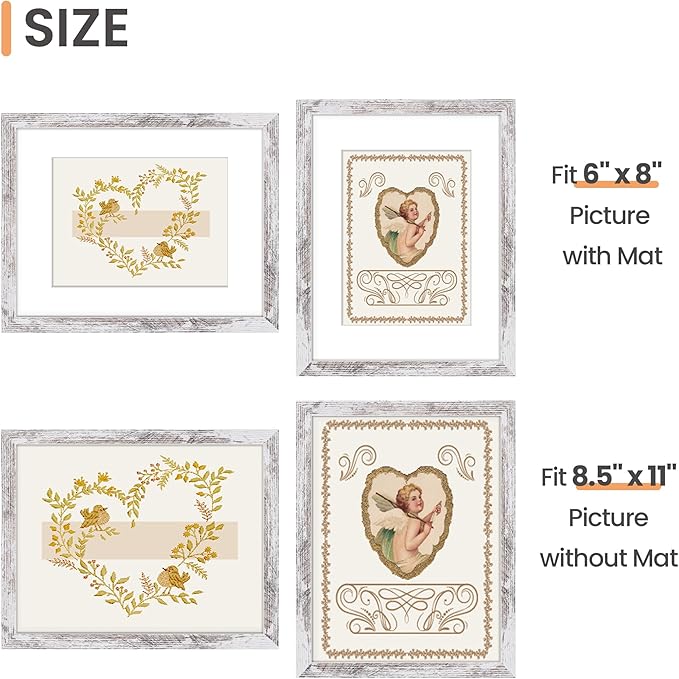 upsimples 8.5 By 11 Picture Frame, Display Pictures 6x8 with Mat or 8.5 x 11 Without, Wall Hanging Photo Frames, Rustic White, 1 Pack