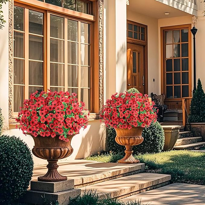 Ouddy Decor 12 Bundles Artificial Flowers for Outdoors Fake Silk Flowers UV Resistant Faux Plastic Plants for Spring Summer Garden Porch Window Box Table Vase Home Indoor Outdoor Decoration, Red