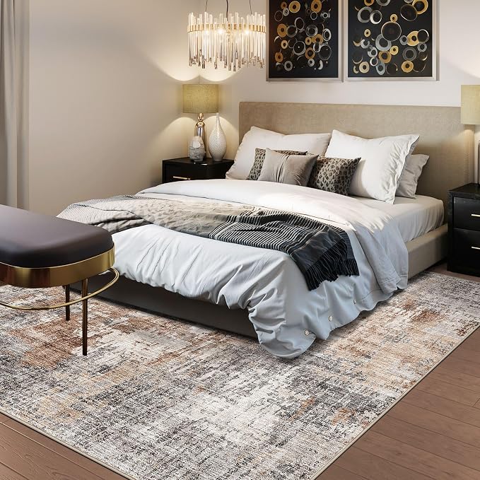 DMOYEST Square Area Rug Living Room Rugs - 8x8 Washable Large Soft Indoor Neutral Modern Abstract Low Pile Rug Carpet for Bedroom Dining Room Farmhouse Home Office - Grey Brown
