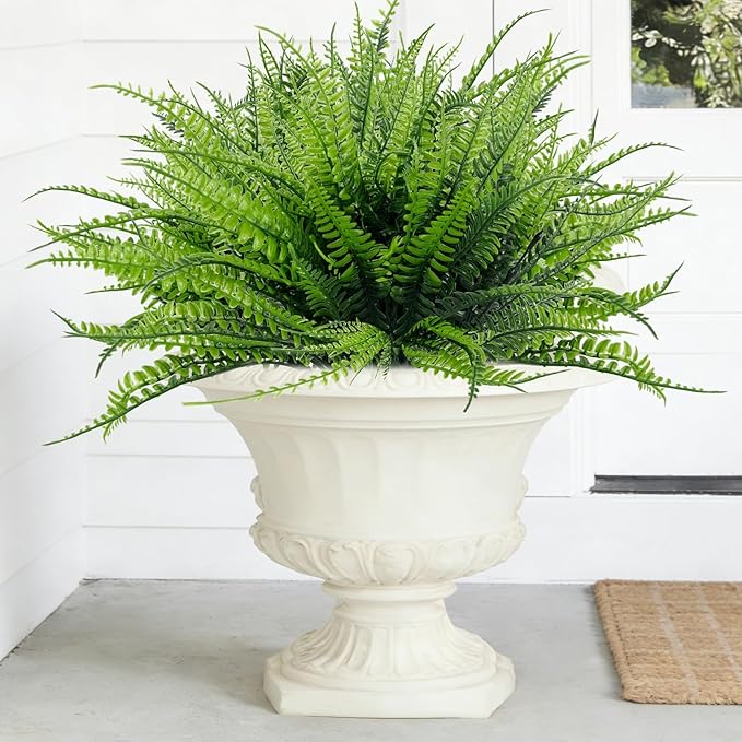 TURNMEON 8 Bundles Ferns Artificial Plants Outdoor 17 Inch Long Length Summer Decor, Artificial Flowers for Outdoors UV Resistant Fake Plants Plastic Faux Greenery Shrubs for Planter Home Garden Decor