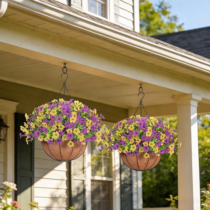 Artificial Fake Hanging Flowers Plants Basket Outdoors, Faux Silk UV Resistant Look Real Daisy Eucalyptus for Spring Summer Garden Porch Home Patio Balcony Yard Decorations, Yellow Purple