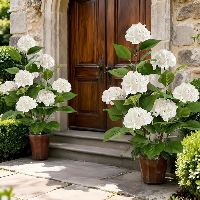 2pcs Artificial Hydrangea Artificial Trees 3ft Faux Hydrangeas Flower Tree with Pot for Front Porch Planters Decoration Outdoor Fake Silk Floral Plant for Home Patio Entrance Decor Indoor, White