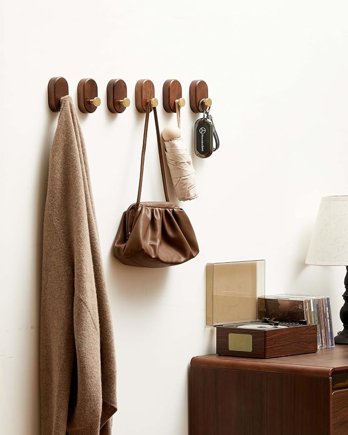 Wood Coat Hooks Wall Mount - Modern Walnut Coat Hook with Brass Accent for Hanging Clothes,Keys,Purse,Robes,Towel,Backpacks, Single Brass Wall Hooks Heavy Duty for Entryway, Closet, Bathroom (6 Pack)