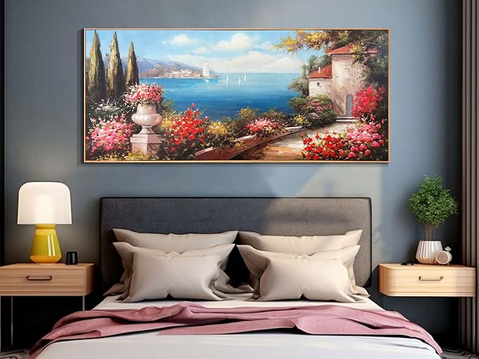 Arjun Blue Coastal Wall Art Canvas Textured Extra Large Framed 71"L x 32"W | Landscape Hand Painted Seascape Painting Bedroom Living Room Ocean Picture Artwork Home Office Wall Decor