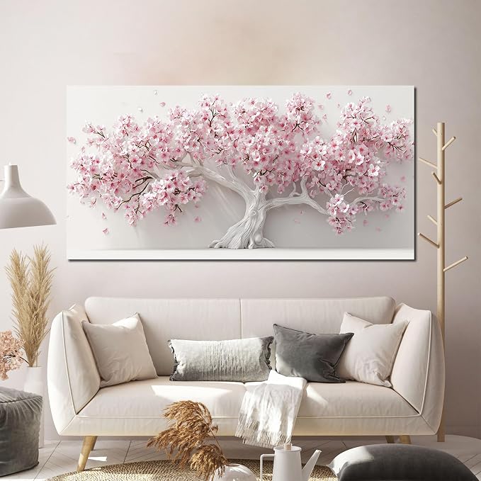 AOZEMI White Wall Art for Living Room Bedroom Home Office Pink Wall Decor Large Tree Pictures Art Flower Artwork Modern Floral Canvas 29"x 59"