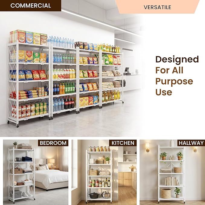 Our Modern Space 5-Tier Foldable Storage Shelf with Wheels | Metal Rack Collapsible Shelving Display | Rolling Cart for Books Kitchen Storage Shelves | Pantry & Closet Organizer | Office Room Decor