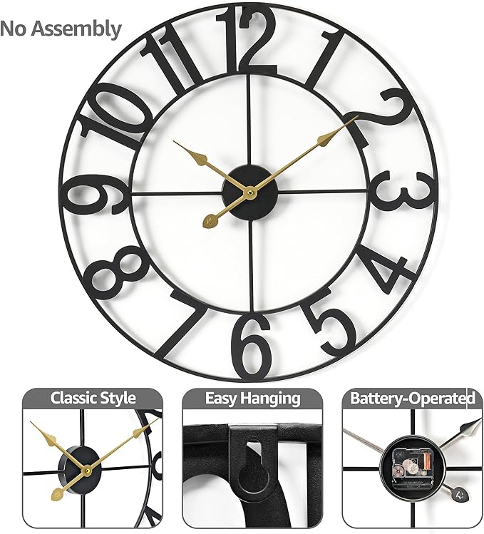 Sorbus Large Wall Clock for Living Room Decor - Wall Clock for Kitchen - 24 inch Big Wall Clock Decorative - Metal Wall Art - Analog Large Clock for Bedroom, Home, Kitchen, Office, Wall Decor (Black)