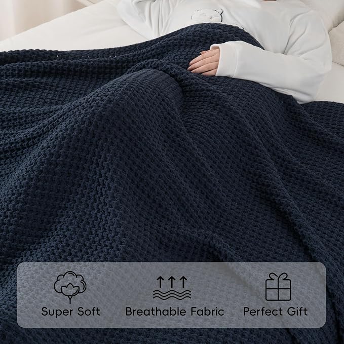 Bunnikins & Clover Navy Blue Throw Blanket for Couch, Knitted Blue Blanket Throw 60''x80'', Super Soft Waffle Navy Throws for Chair Sofa Home Decor