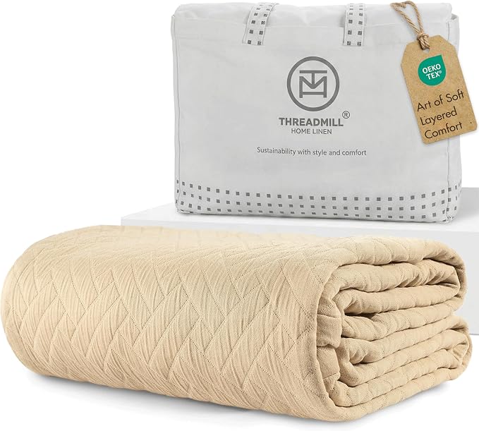 Threadmill Luxury Cotton Blankets for Twin Size Bed | All-Season 100% Cotton Twin Blanket for Bed | Criss Cross Jacquard Lightweight, Soft & Cozy Coverlet, 350GSM, 68 x 90 inches | Beige