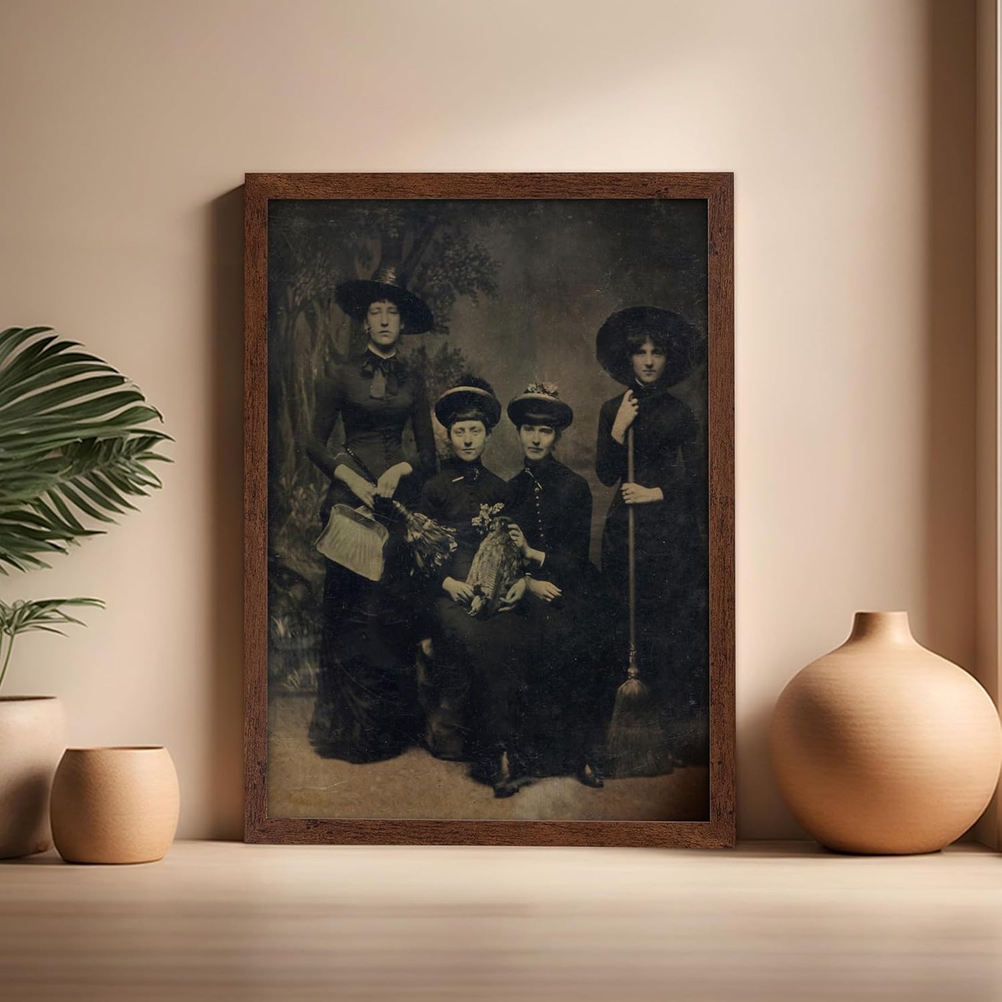 Poster Master Vintage Photograph Poster - Retro Halloween Print - Gift for Artist, Friend - Four Witches Wearing Robes, Sabbath, Coven, Sorcery - Wall Decor for Home, Office, 16x20 Brown Framed