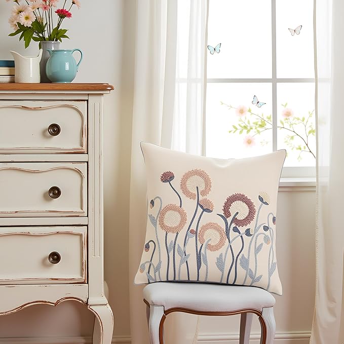 Embroidery Throw Pillow Covers 18x18 Set of 2 Vintage Blowball with Blue Leaves Farmhouse Pillow Cushion Case Decorative Pillowcases Square Rustic Floral Pillow Case Spring Summer Home Decor