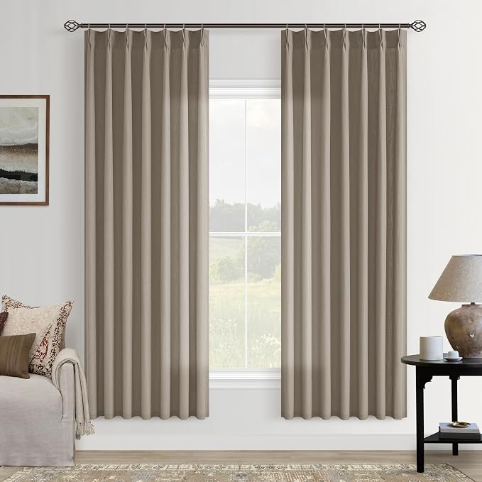 Burlap Linen Semi Sheer Curtains 72 Inches Long Neutral Country Greyish Brown Flax Linen Light Filtering Pinch Pleated Curtains Back Tab for Door Cabin Closet 2 Panels Set Burlywood Birch Taupe