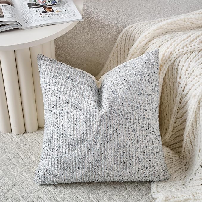 DEZENE Striped Throw Pillow Covers 22x22 Set of 2 Blue Textured Boucle Chic Morden Boho Accent Farmhouse Square Decorative Couch Pillow Covers for Home Decor Bed Sofa Living Room