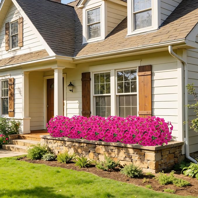 20 Bundles Artificial Petunias Flowers for Outdoors, Faux Silk Flowers UV Resistant Realistic Fake Plants for Outside Planters Porch Patio Yard Garden Spring Summer Home Decor, Fuchsia