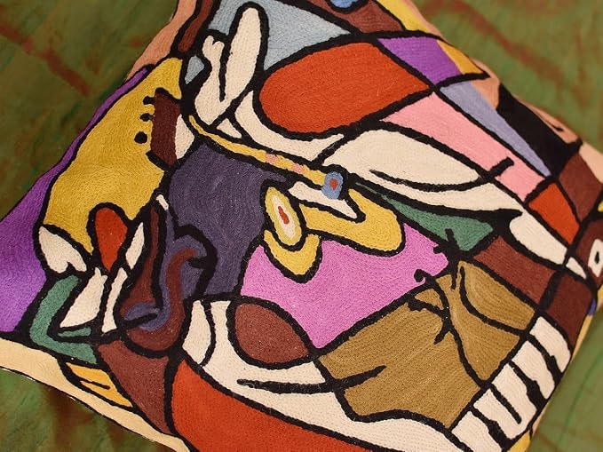 Abstract Pillow Cover by Alfred Gockel Modern Pillowcase Couch On The Sax Musical Pillowsham Mid Century Throw Chair Cushion Hand Embroidered Wool Size 18x18