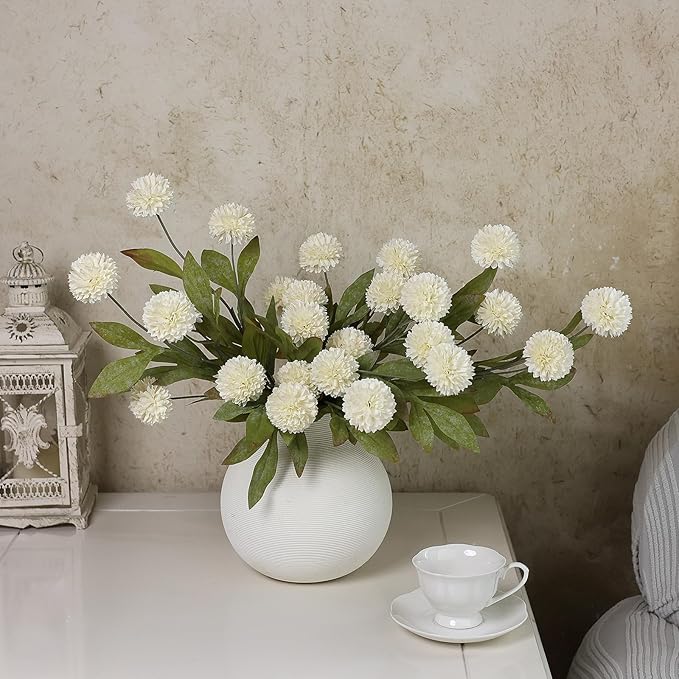 VIERENA 6 Pcs Faux Silk Pompon Mum Artificial Flowers for Vase -27", Bulk Fake Chrysanth Branches with Stems for DIY Bouquet Centerpieces Wedding Fillers Arrangements Shower Decorations (Cream)