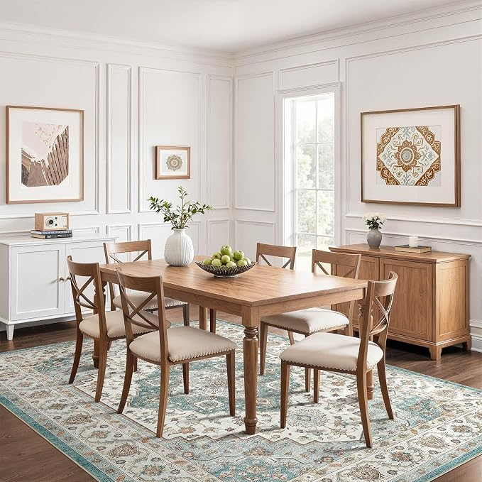 10x14 Area Rugs Living Room: Washable Boho Large Neutral Vintage Soft Rug Stain Resistant Farmhouse Non-Slip Indoor Floor Carpet for Bedroom Nursery Kids Playroom Office Dining Room Home- Teal Brown