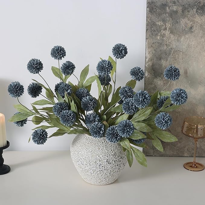 VIERENA 12 Pcs Faux Silk Pompon Mum Artificial Flowers for Vase -27", Bulk Fake Chrysanth Branches with Stems for DIY Bouquet Centerpieces Wedding Fillers Arrangements Shower Decorations (Dark Blue)