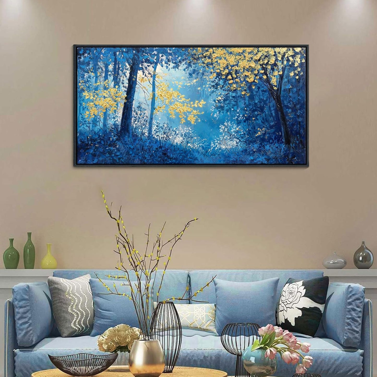 Blue and Gold Canvas Wall Art - Forest Bedroom Wall Art - Tree Wall Pictures for Living Room, Office, or Bedroom - Nature Landscape Canvas Decor Framed Painting 20×40IN