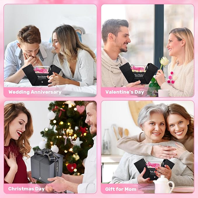 Pasuvsigt Valentines Day Rose Gifts for Her, Preserved Real Rose with I Love You Heart 100-Language Necklace, LED Lights & Music Box, Anniversary Birthday Valentines Gifts for Women Girlfriend Mom