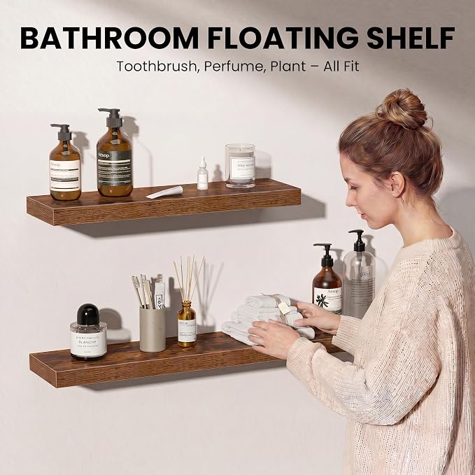 Fun Memories Floating Shelves for Wall, 40 Inch Long Set of 2 Rustic Wood Wall Shelves with Invisible Brackets, Heavy Duty Storage Display for Living Room Bedroom Kitchen, Brown