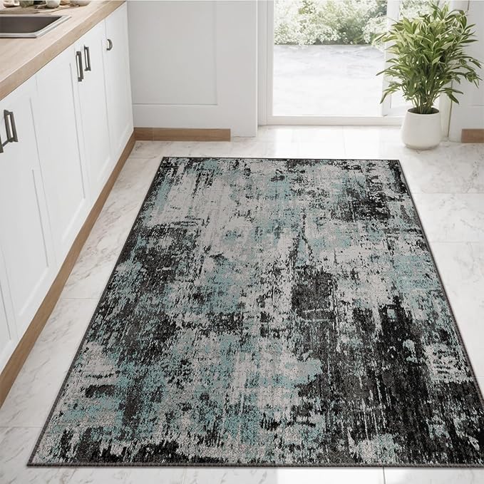 RELEANY Washable Area Rugs 3'x5' Non-Slip Modern Abstract Soft for Living Room Entryway Bedroom Nursery, Print Pattern, Blue Black Teal