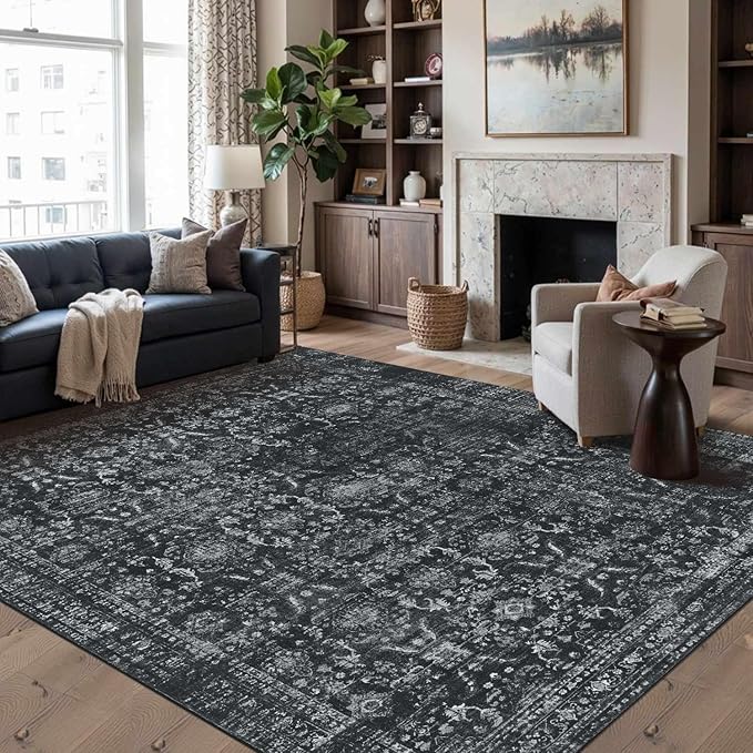 Rugxara 6x9 Area Rugs for Living Room Bedroom, Large Washable Rug, Black Vintage Floral Boho Style, Non Slip & Low Pile Carpet for Indoor Dining Room, Dorm and Kids Room(Black 6x9ft)