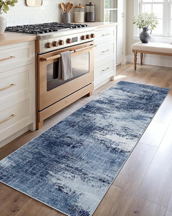 Runner Rugs for Hallway 2x6, Modern Abstract Machine Washable Runners for Kitchen Entryway Bathroom Bedroom, Low Pile Lightweight Thin Non Slip Runner Rug, Dark Blue