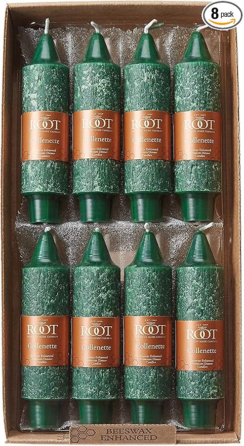 Root Candles 8-Count Unscented Dinner Candles Dripless Beeswax Enhanced Timberline™ Collenette Boxed Candle Set, 5-Inch, Dark Green