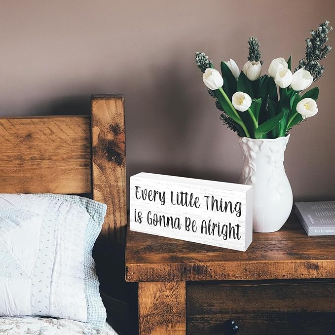 Esur Every Little Thing is Gonna Be Alright Wooden Box Sign - Inspirational Farmhouse Birds Home Desk Shelf Tabletop Wall Decor(White)