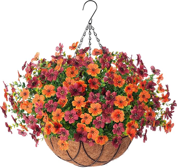 INXUGAO Artificial Silk Flowers Hanging Baskets for Outdoors Indoors, Daisy with Eucalyptus Leaves Arrangement for Garden Yard Decor, Faux Green Plant in Metal Coconut Lining Flowerpot(Orange Brown)